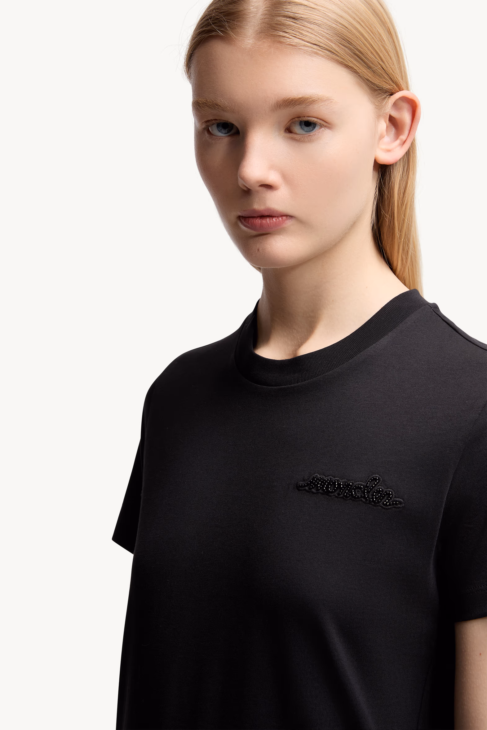 Beaded Logo Cotton T-Shirt Women Black Moncler 6